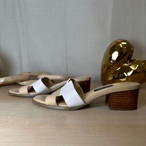 NINE‎ WEST Tan White Leather Block Heel Slide Sandals Size 6